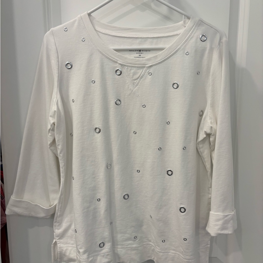 Karen Scott White 3/4 Sleeve Embellished Tee